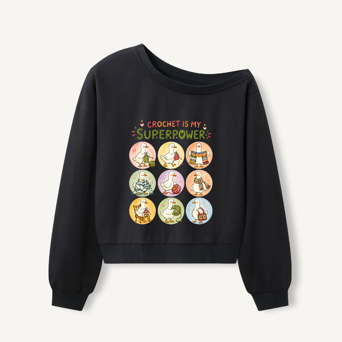 Crafty Duck Crochet Club Print Off Shoulder Sweatshirts