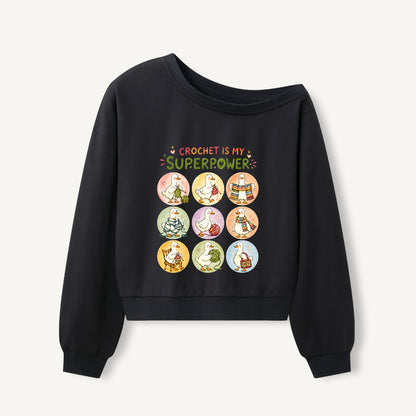 Crafty Duck Crochet Club Print Off Shoulder Sweatshirts