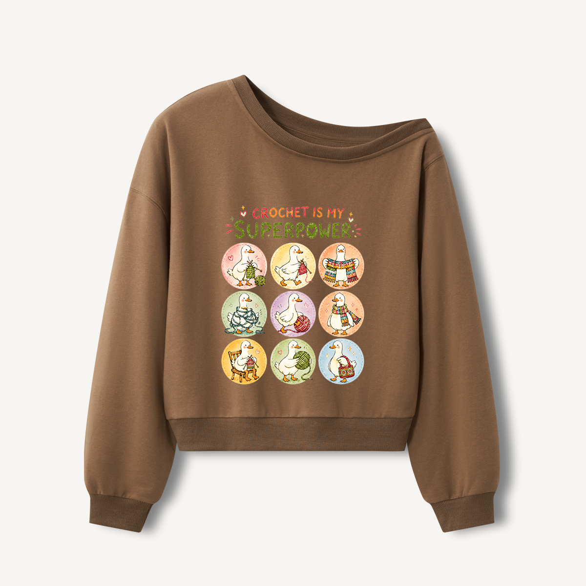Crafty Duck Crochet Club Print Off Shoulder Sweatshirts