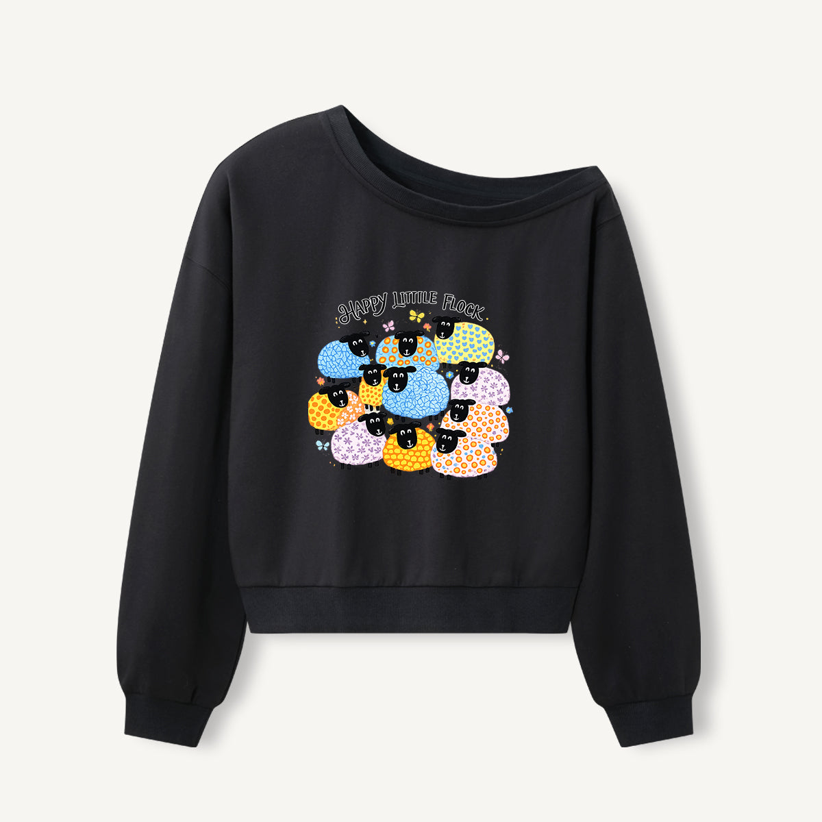 Colorful Happy Flock Print Off Shoulder Sweatshirts
