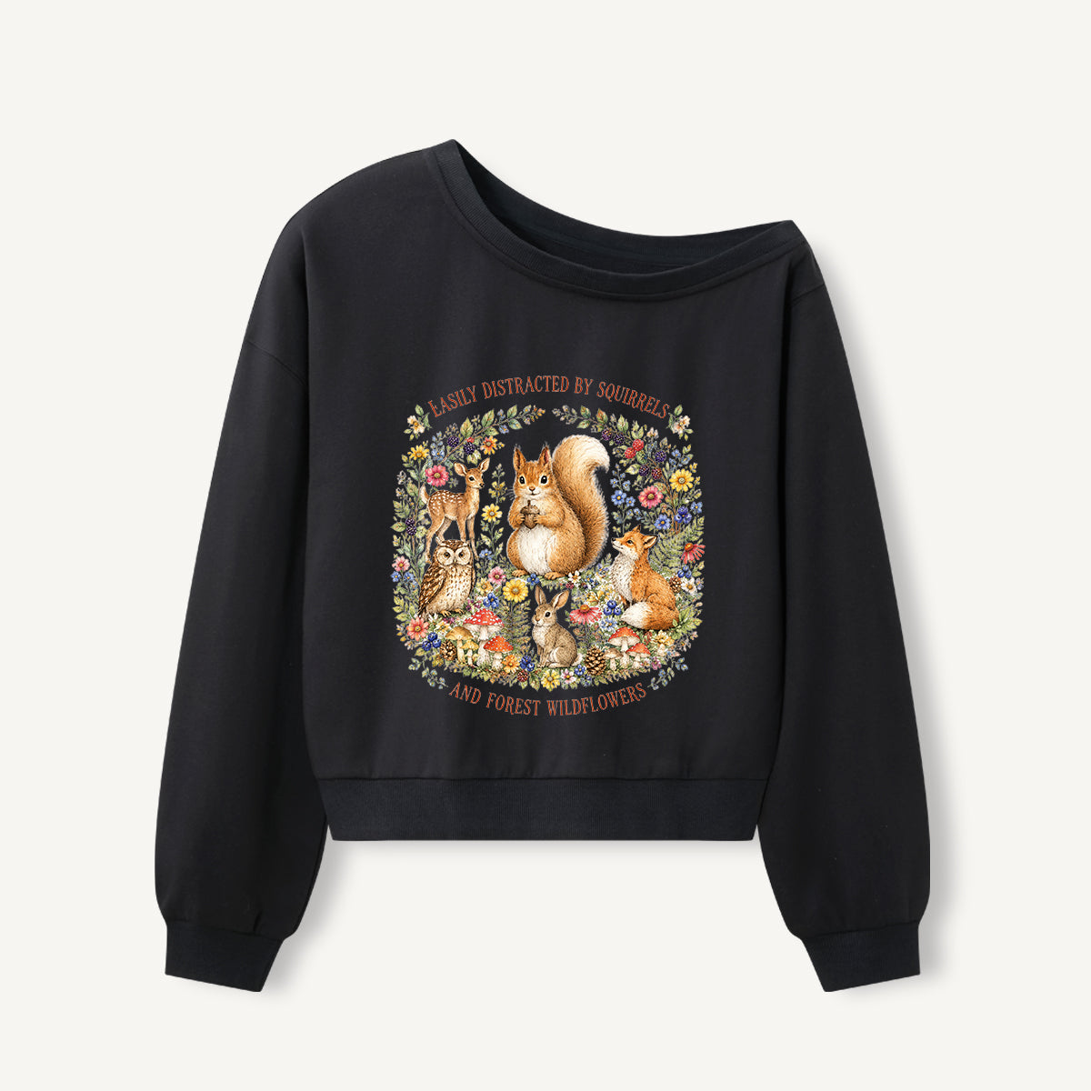 Woodland Wildflower Tales Print Off Shoulder Sweatshirts
