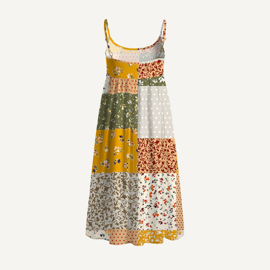 Rustic Floral Patchwork Print Spaghetti Strap Mini Dress
