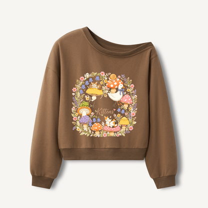 Botanical Kittens Mushroom Wreath Print Off Shoulder Sweatshirts