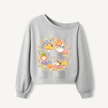 Botanical Kittens Mushroom Wreath Print Off Shoulder Sweatshirts