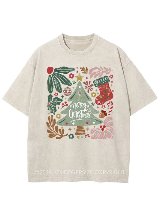 Vintage Merry Christmas Green Flora Washed T-Shirt