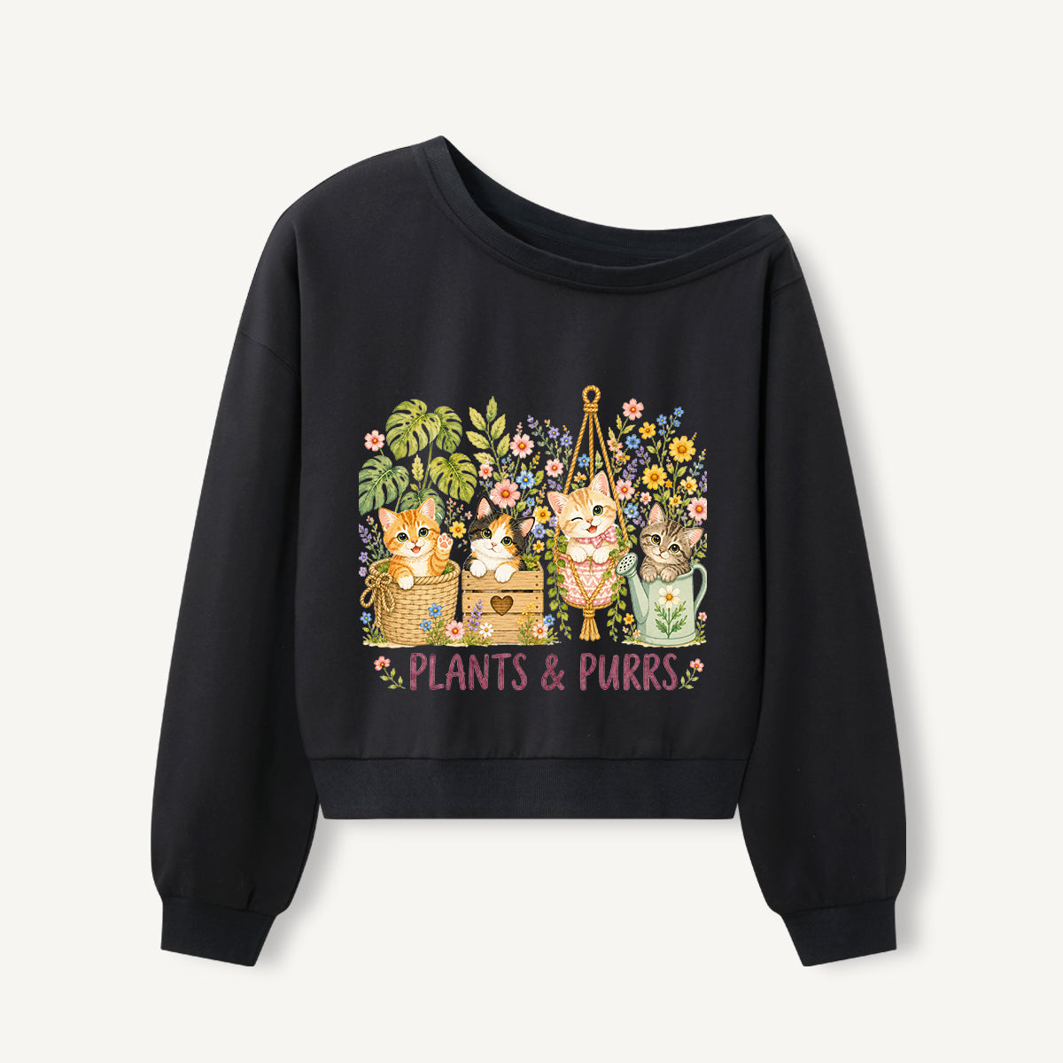 The Purrfect Garden Potters Print Off Shoulder Sweatshirts