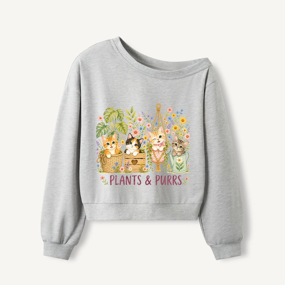 The Purrfect Garden Potters Print Off Shoulder Sweatshirts