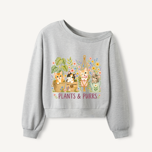 The Purrfect Garden Potters Print Off Shoulder Sweatshirts