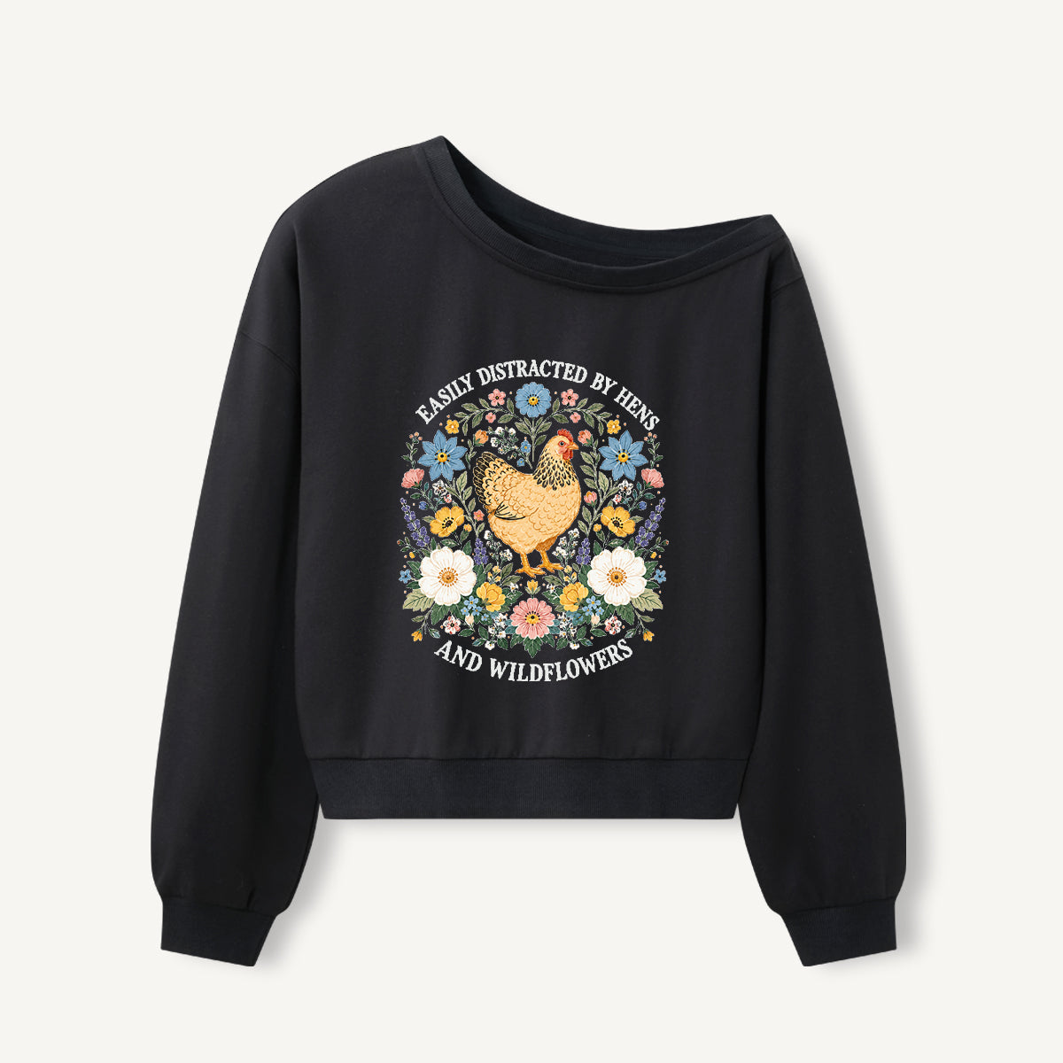 Hen and Wildflowers Cottage Print Off Shoulder Sweatshirts