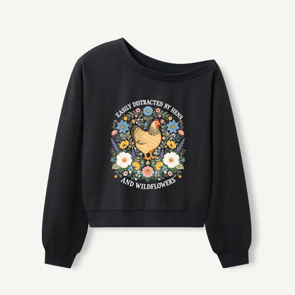 Hen and Wildflowers Cottage Print Off Shoulder Sweatshirts