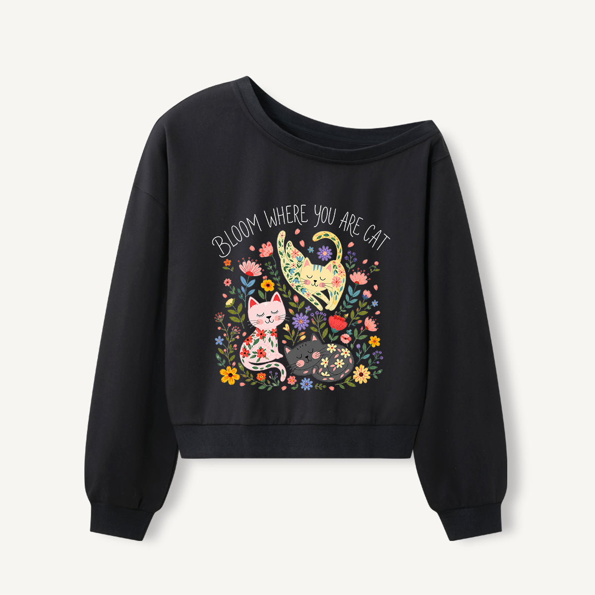 Floral Feline Bloom Print Off Shoulder Sweatshirts