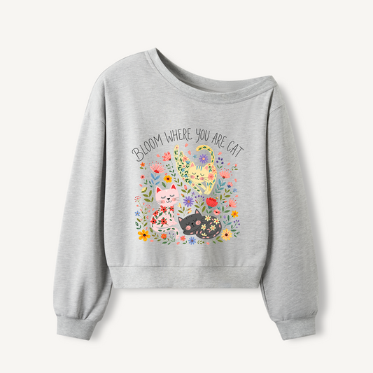 Floral Feline Bloom Print Off Shoulder Sweatshirts