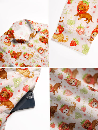 V Neck Collared Strawberry-Sweet Puppies and Kittens Print Casual Midi Dress With Pockets