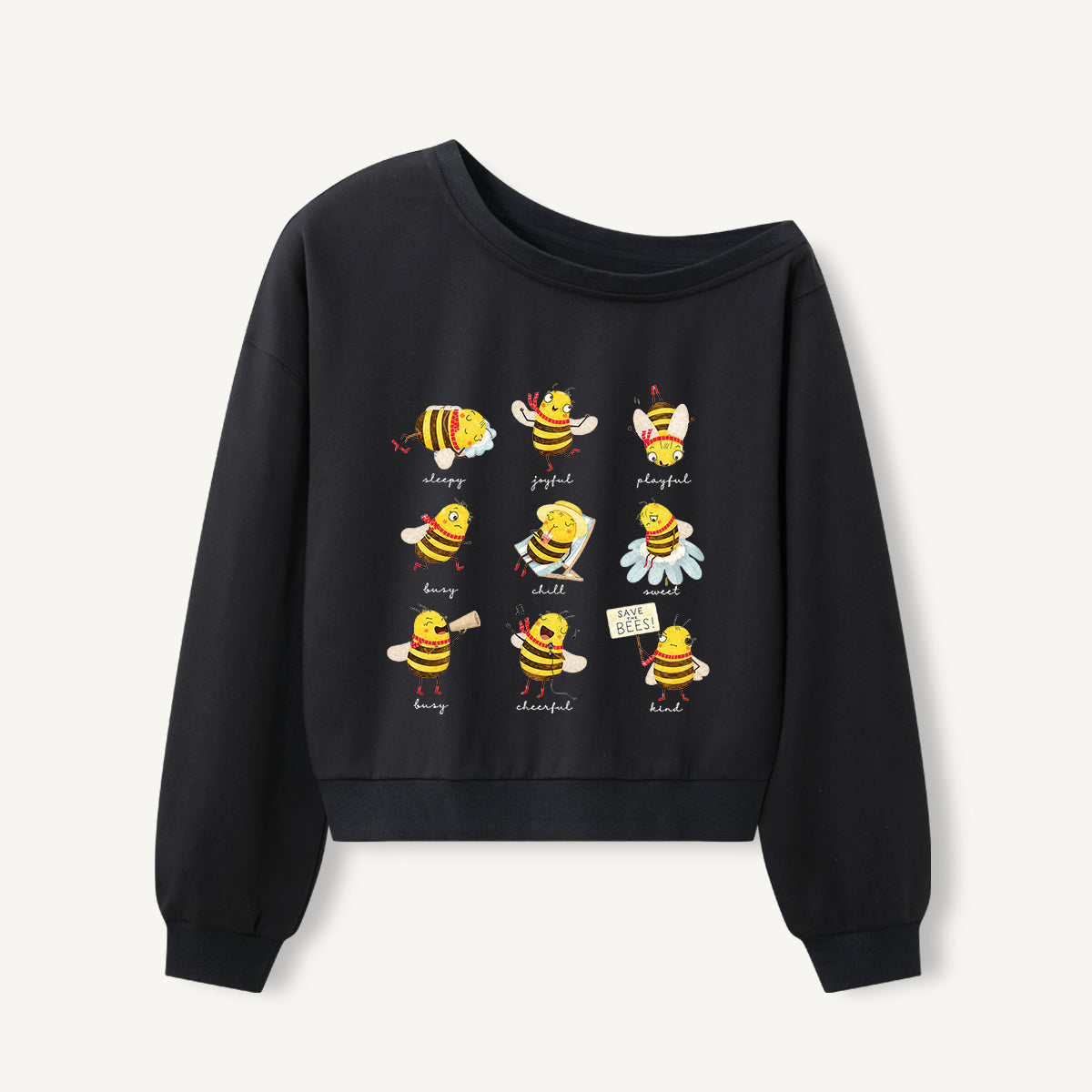 Joyful Little Bees Print Off Shoulder Sweatshirts