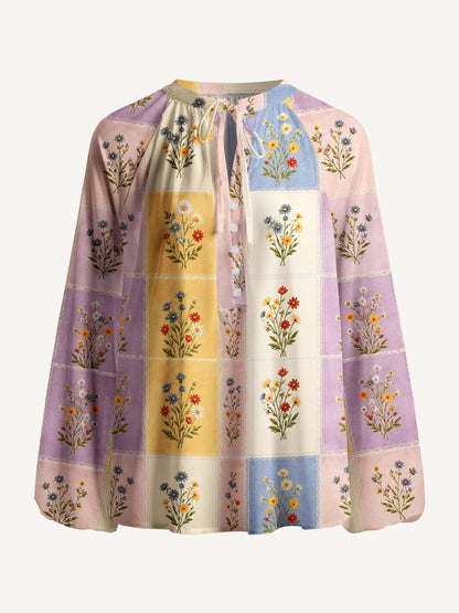 Soft Pastel Check Wildflower Print Boho Long Sleeve Tie‑Neck Blouse