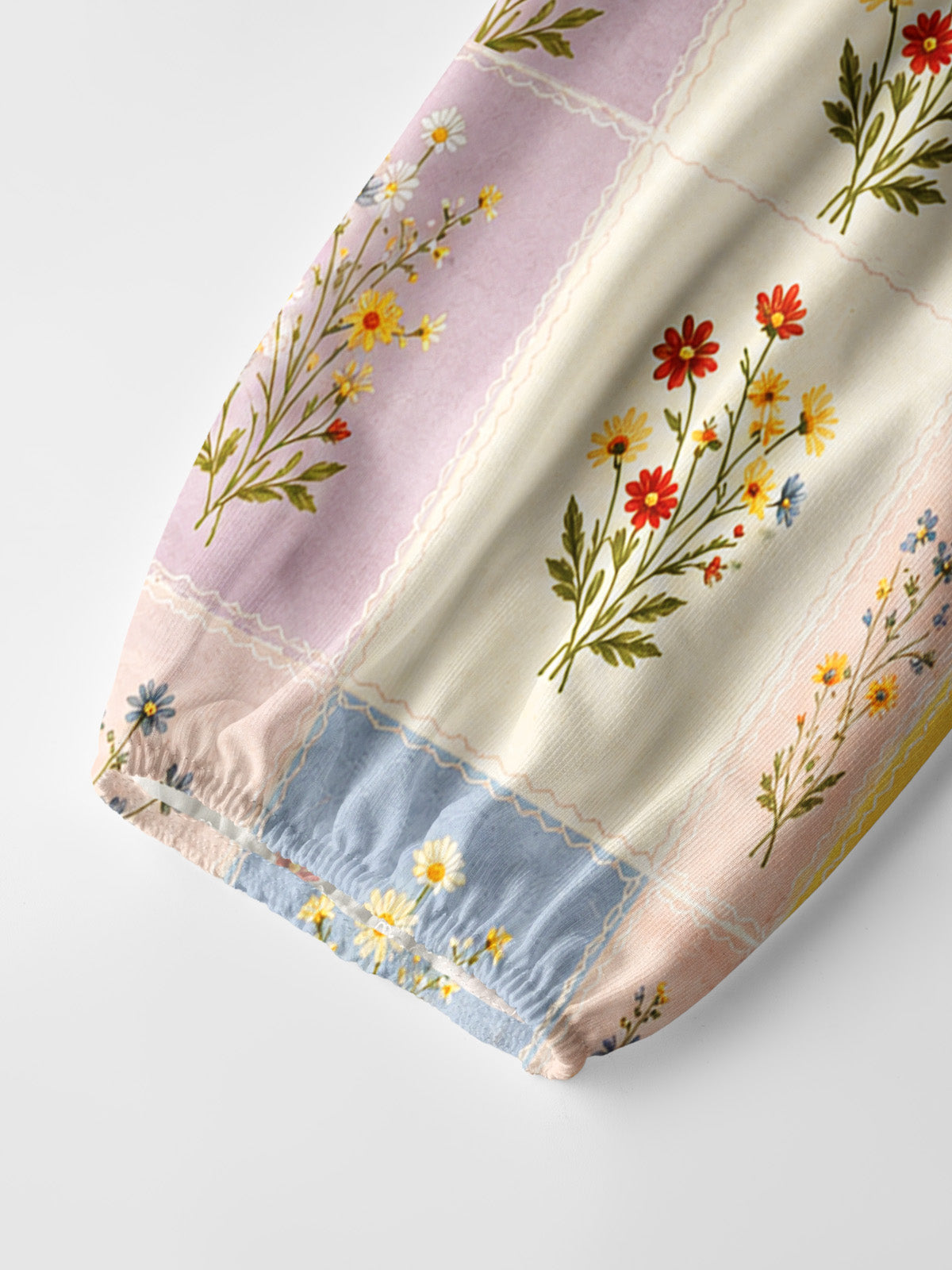 Soft Pastel Check Wildflower Print Boho Long Sleeve Tie‑Neck Blouse