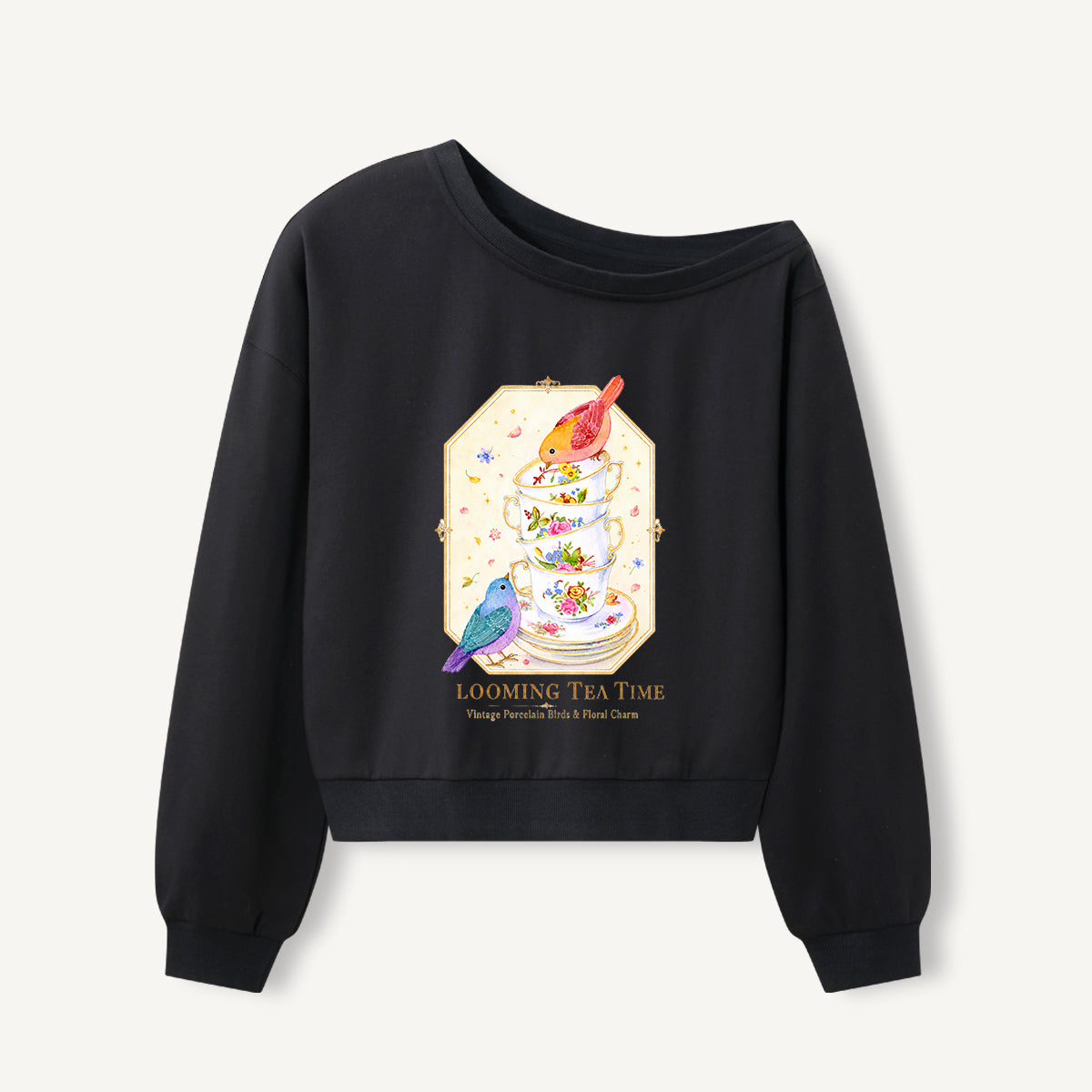 Blooming Tea Time Print Off Shoulder Sweatshirts