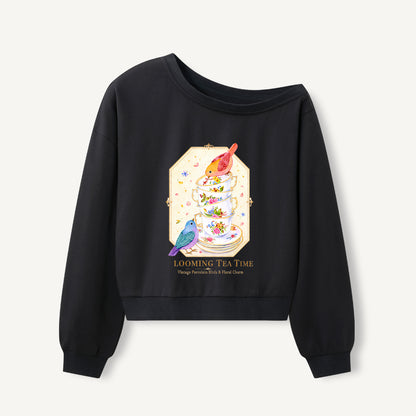 Blooming Tea Time Print Off Shoulder Sweatshirts