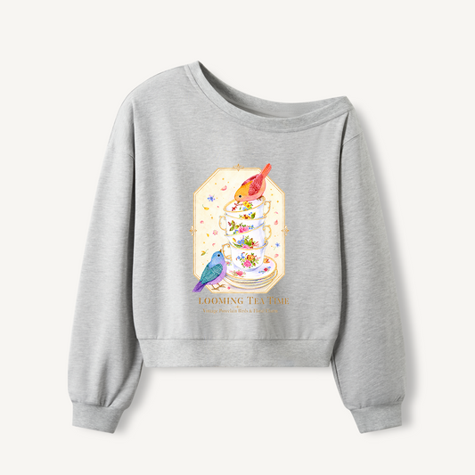 Blooming Tea Time Print Off Shoulder Sweatshirts