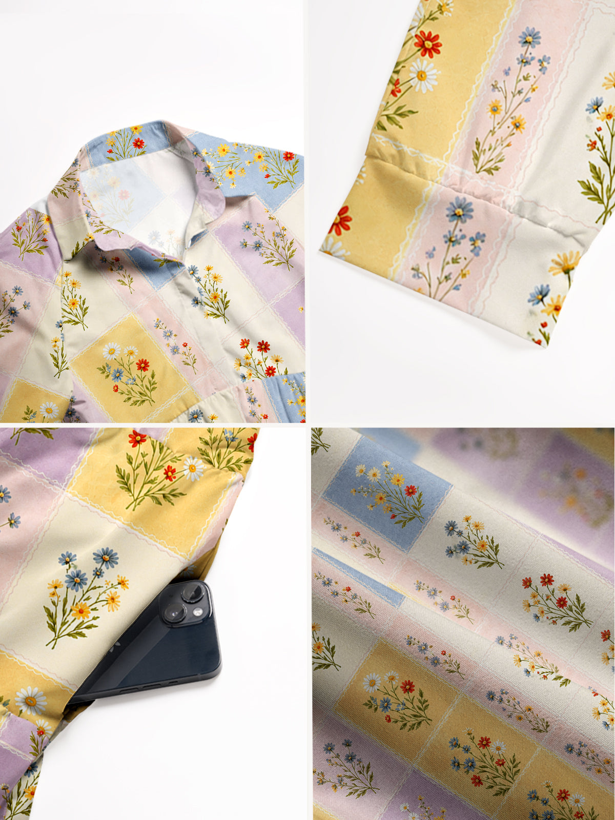 V Neck Collared Soft Pastel Check Wildflower Print Casual Midi Dress With Pockets