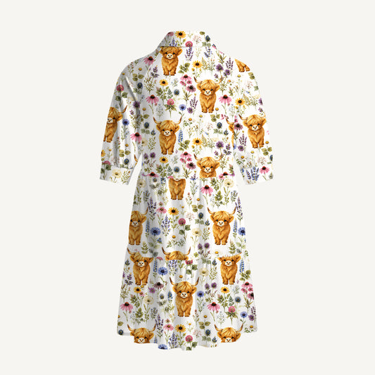 V Neck Collared Farm Animal Boho Highland Cow Mini Dress For Women With Pockets
