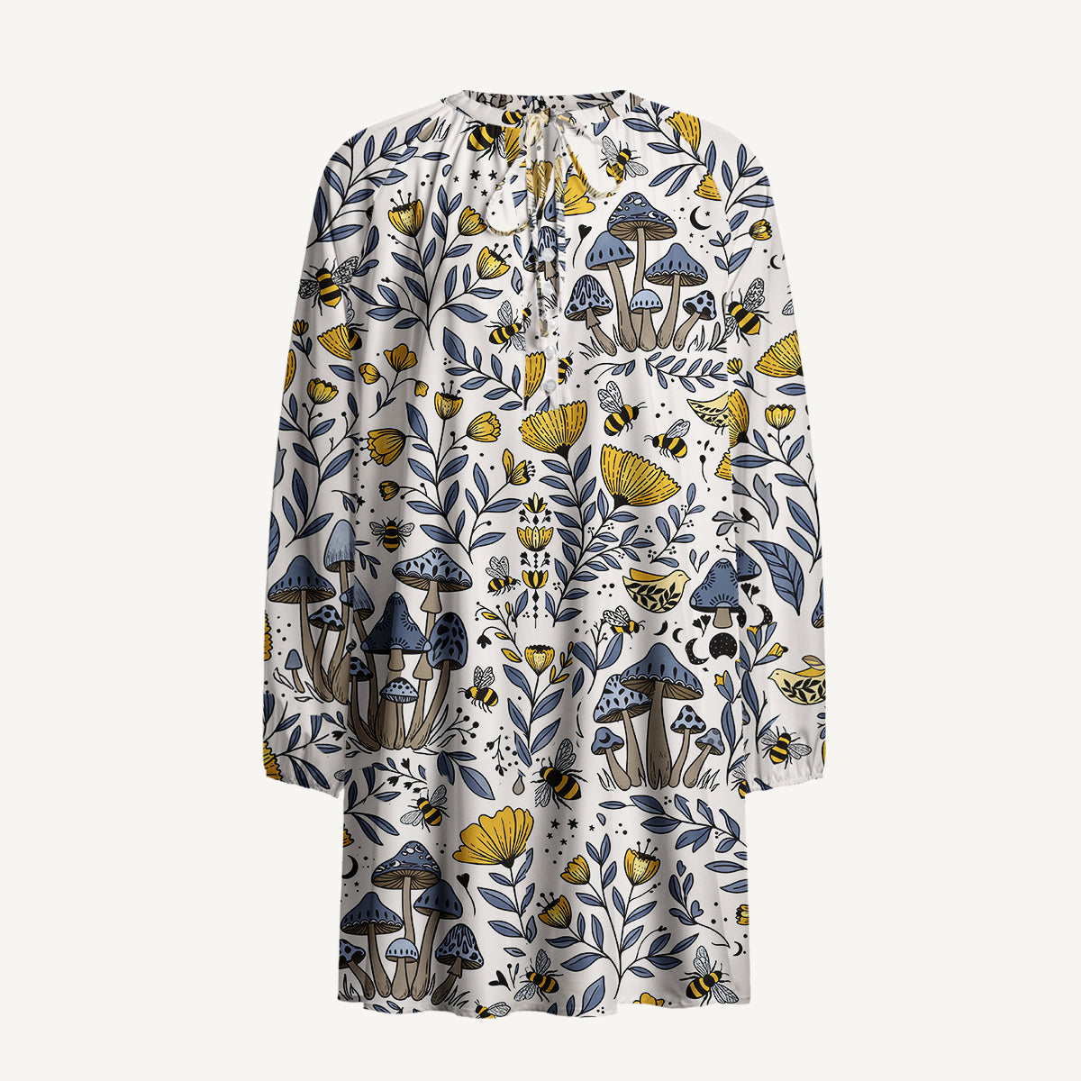 Bee Whisper Forest Print Boho Tie‑Neck Smock Mini Dress