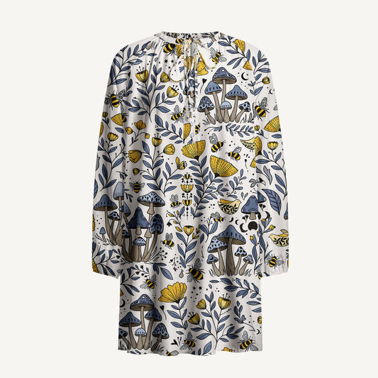 Bee Whisper Forest Print Boho Tie‑Neck Smock Mini Dress