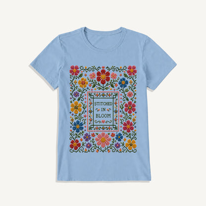 Blooming Folk Floral Cross-Stitch Print Crew Neck Cotton Tee