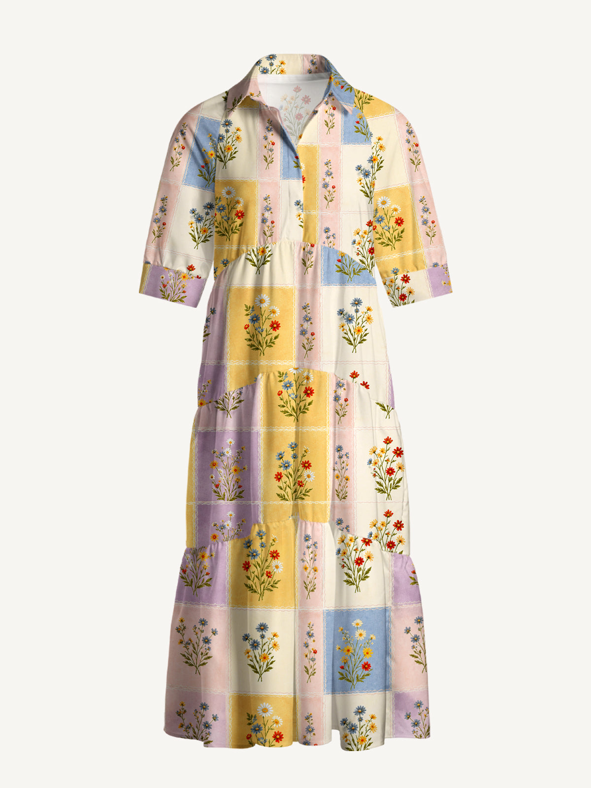 V Neck Collared Soft Pastel Check Wildflower Print Casual Midi Dress With Pockets
