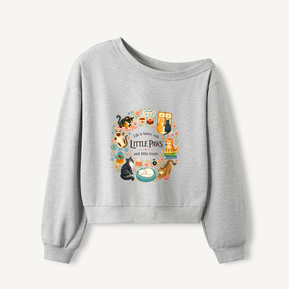 Cozy Cat Life Print Off Shoulder Sweatshirts