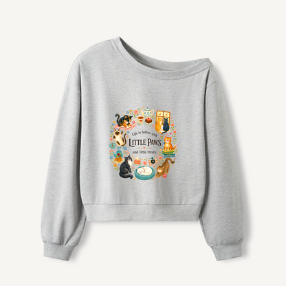 Cozy Cat Life Print Off Shoulder Sweatshirts