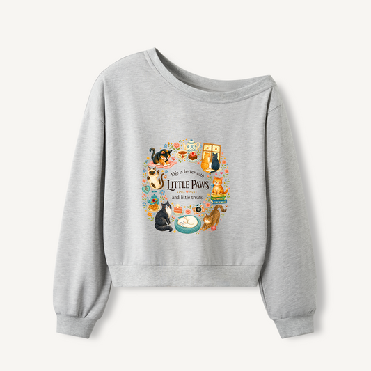 Cozy Cat Life Print Off Shoulder Sweatshirts