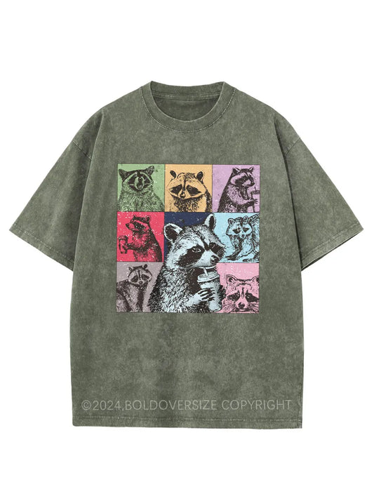 Vintage Racoon Drink Coffee Washed T-Shirt