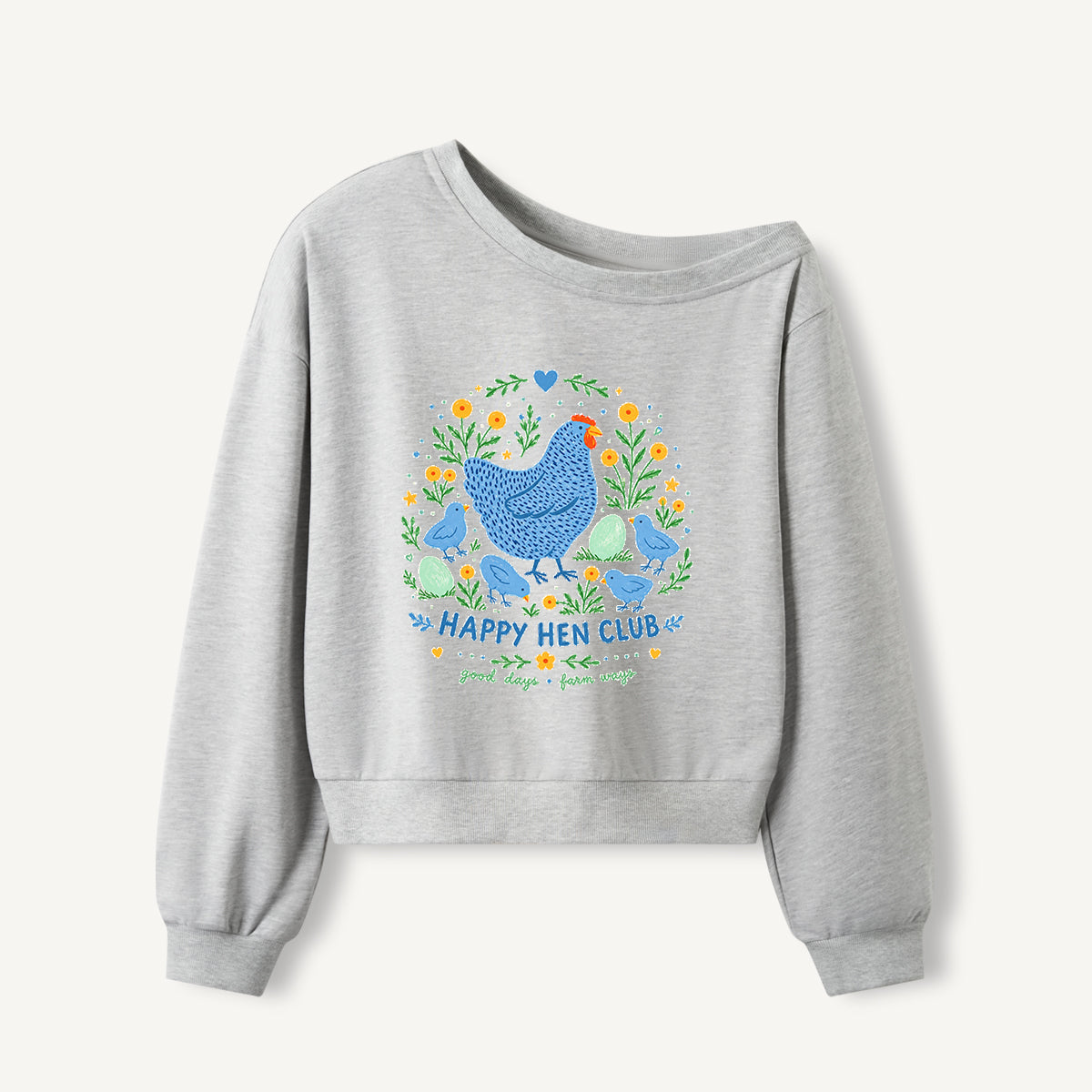 Blue Hen and Chicks Garden Print Off Shoulder Sweatshirts