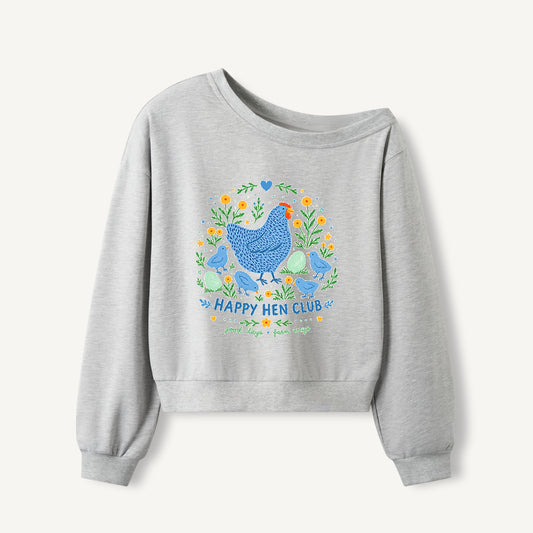 Blue Hen and Chicks Garden Print Off Shoulder Sweatshirts