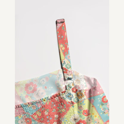 Square Neck Colorful Blossom Patchwork Print Wide Straps Maxi Dress With Pockets