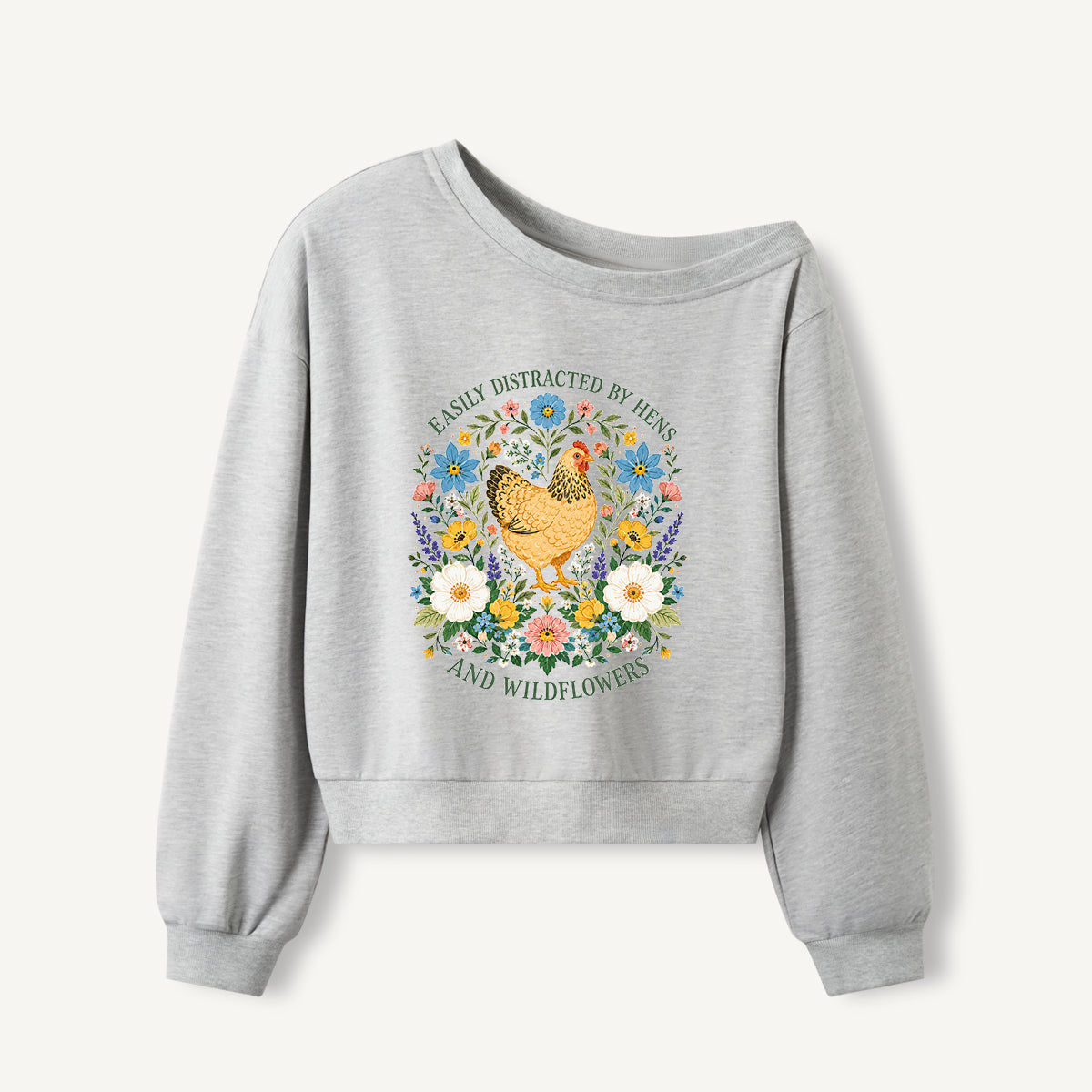 Hen and Wildflowers Cottage Print Off Shoulder Sweatshirts