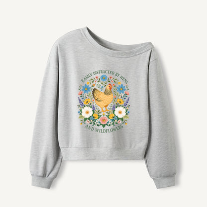 Hen and Wildflowers Cottage Print Off Shoulder Sweatshirts