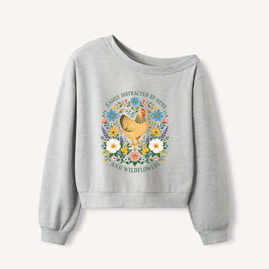 Hen and Wildflowers Cottage Print Off Shoulder Sweatshirts