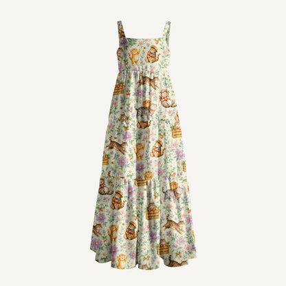 Cottage Kittens Print Wide Straps Maxi Dress With Pockets