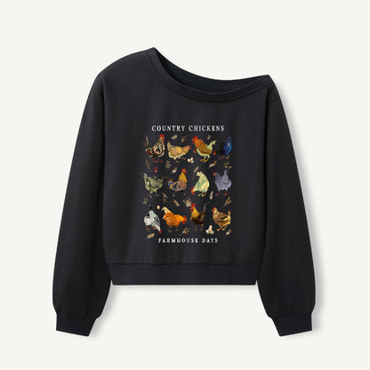 Country Chicken Farmhouse Collection Print Off Shoulder Sweatshirts