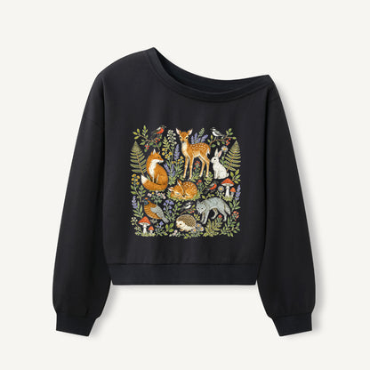 Woodland Garden Friends Print Off Shoulder Sweatshirts