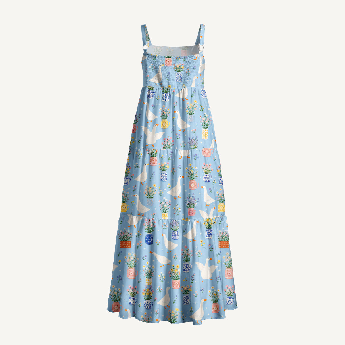 Floral Geese Parade Print Wide Straps Maxi Dress With Pockets