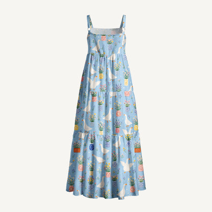Floral Geese Parade Print Wide Straps Maxi Dress With Pockets