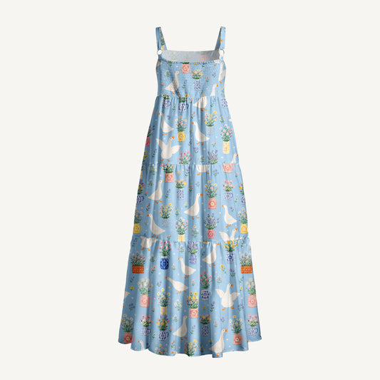 Floral Geese Parade Print Wide Straps Maxi Dress With Pockets