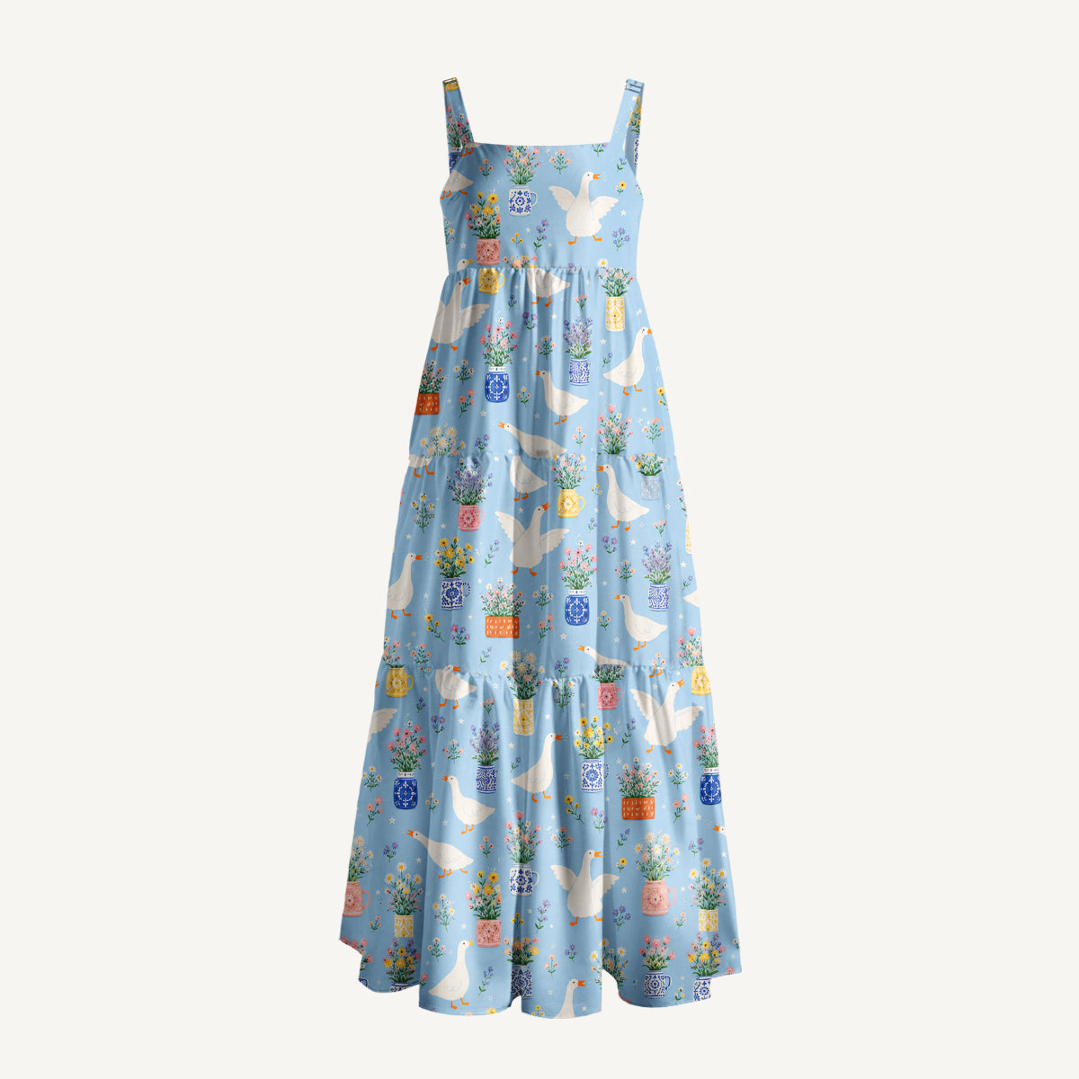 Floral Geese Parade Print Wide Straps Maxi Dress With Pockets