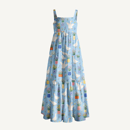 Floral Geese Parade Print Wide Straps Maxi Dress With Pockets