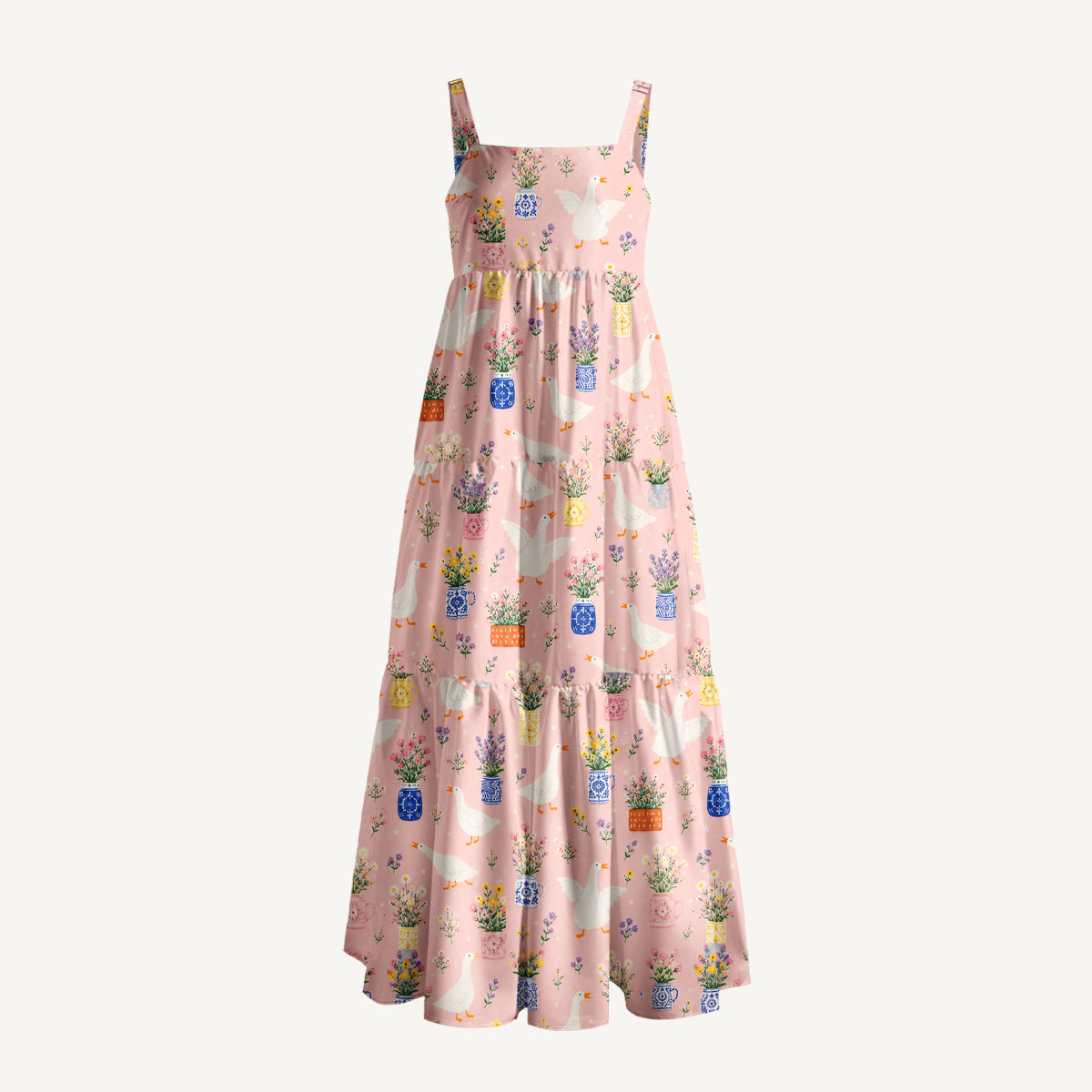 Floral Geese Parade Print Wide Straps Maxi Dress With Pockets