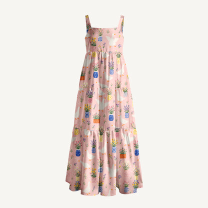 Floral Geese Parade Print Wide Straps Maxi Dress With Pockets