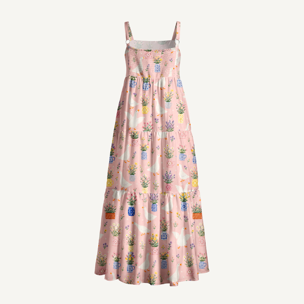 Floral Geese Parade Print Wide Straps Maxi Dress With Pockets